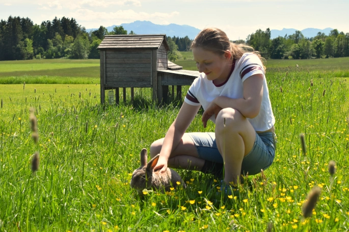 Mädchen streichelt Hasen